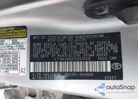 2005 Toyota Avalon Xls from USA, damaged, VIN 4T1BK36B25U033526